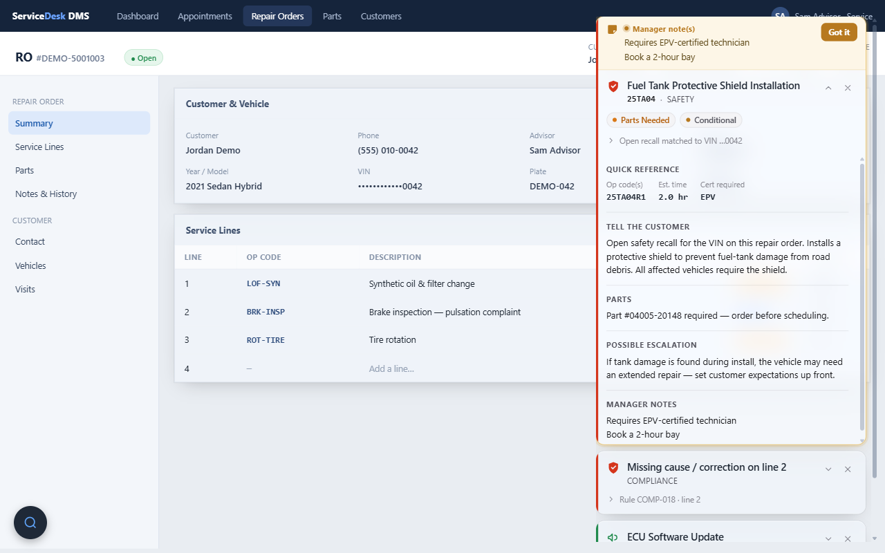 Fictional DealerTrack repair order with a Dealer Copilot campaign card expanded: what to tell the customer, required parts, and manager notes.