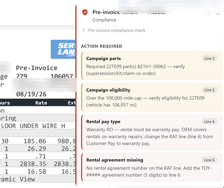 Live DealerTrack repair order with Dealer Copilot open: a campaign part to verify, over the 100,000-mile campaign cap, rental on customer pay on a warranty RO, and no rental agreement number. Identifiers blurred.